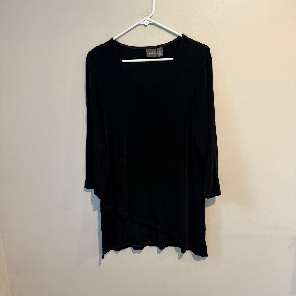 Travelers by Chico's Black V-Neck Asymmetric Hem Tunic Top Size 2